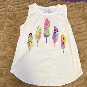 Shabby Chic White Tank Top with Colorful Feather Design